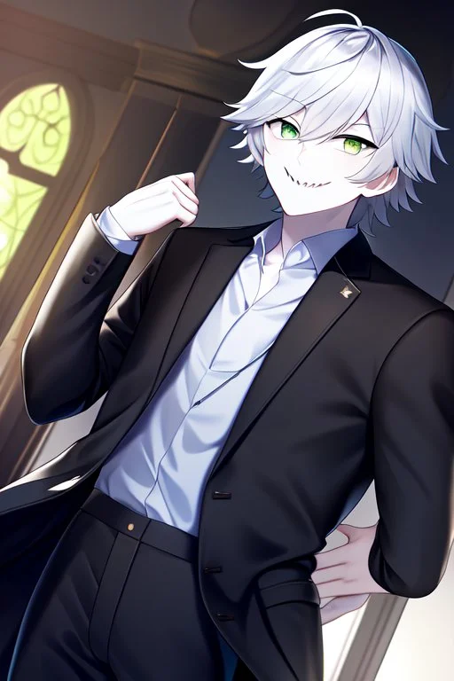 plauge doctor in balck leather coat and suit with silver hair, pale skin and bright green eyes smiling with sharp teeth, nice young face, male, viscious smile