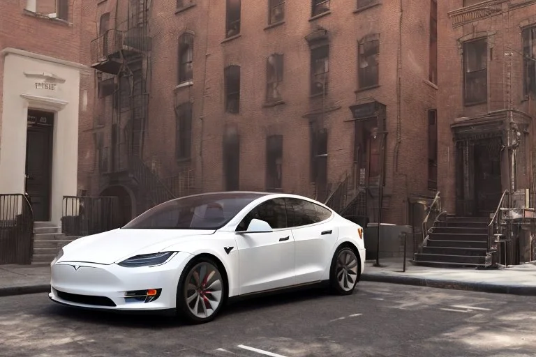 A Tesla 'Model Y' is parked, in Greenwich Village, in Manhattan. CINEMATIC. WIDE ANGLE LENS. PHOTO REAL.