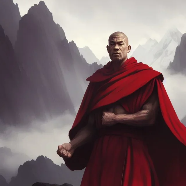 Portrait of a monk, red robe, mountain background, fog, face front, grimdark, Frank Frazetta, Greg Rutkowski, hyperdetailed, dnd, trending on Artstation, Splash screen art, dynamic lighting, hyperdetailed, intricately detailed, a masterpiece, 8k resolution, high contrast, bearded,