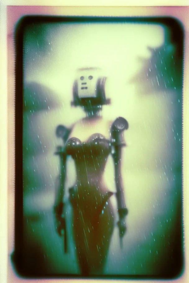 steampunk, vintage analog polaroid of a woman robot, female body, fog, lomography, heavy film grain, rain, color bleed, depth of field, bokeh, retro