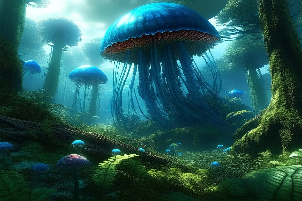 Alien jellyfish forest, photorealistic, Detailed Matte Painting, Deep Colour, Fantastical, Intricate Detail, sunshine, blue sky