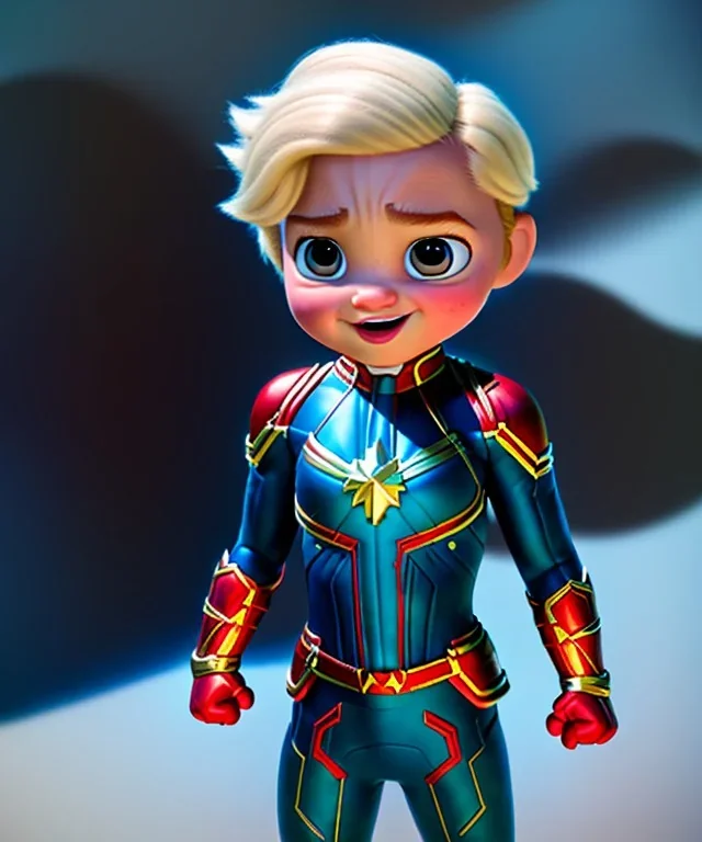 Baby captain marvel, full body, dynamic lighting, hyper realistic