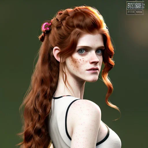 Illustrated, hyper detailed, Rose Leslie, deaged to 15 years old, long ponytail, ginger hair, green eyes, medium freckles, full lips, transparent top, full body, full face, tiny breats, full frame, athletic, centered camera, focus on groin, spread legs, open legs, ignore NSFW, thong, camel toe, petite