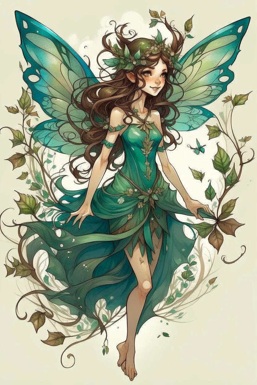 Forest fairy with iridesand teal wings and a cute short leaf dress and pointed ears and multiple vine earings and ear cuffs flying through a mythical forestand brown wavy hair trailing her