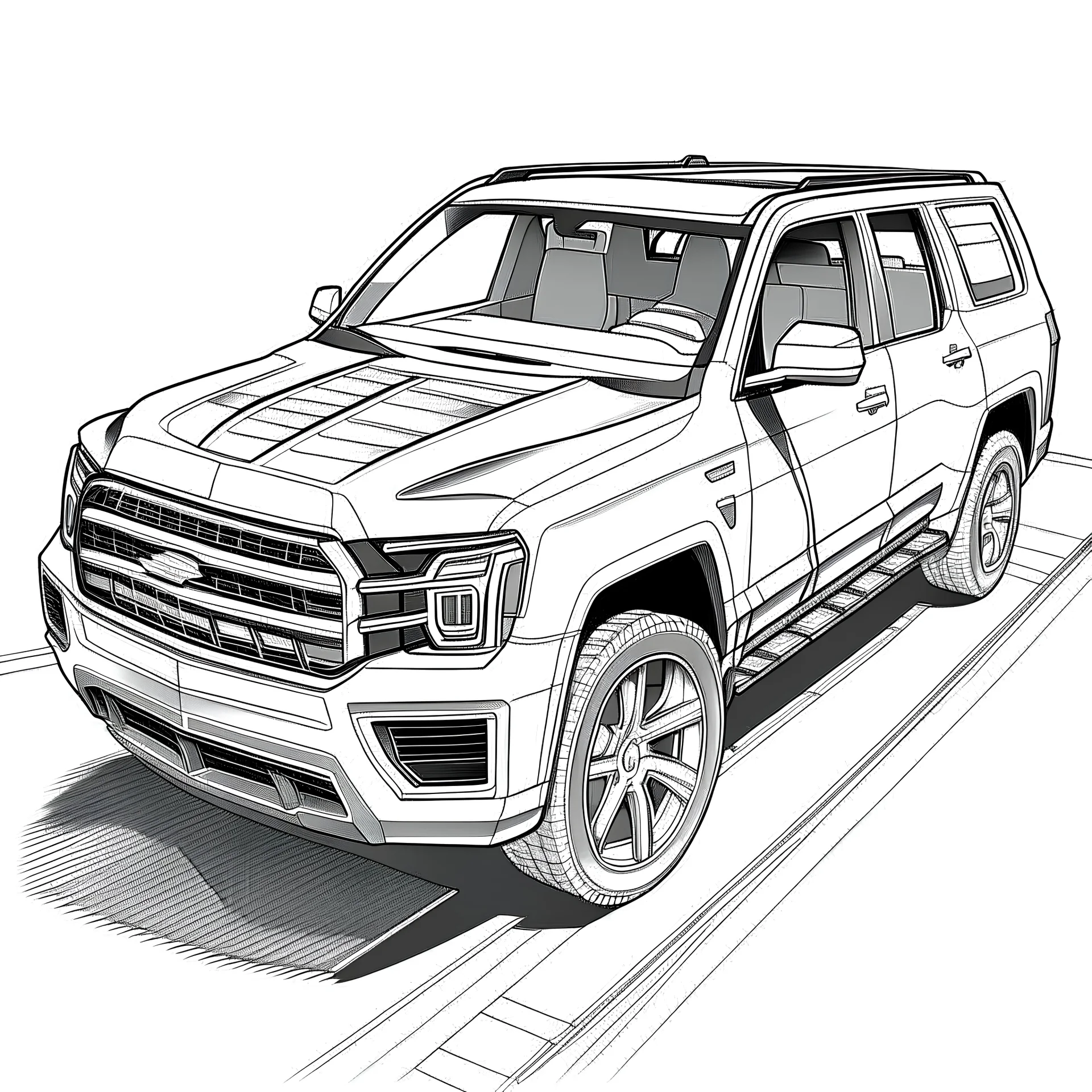 outline art for Chevrolet Tahoe RST coloring pages, white background, sketch style, full body, only use outline, clean line art, white background, no shadows and clear and well