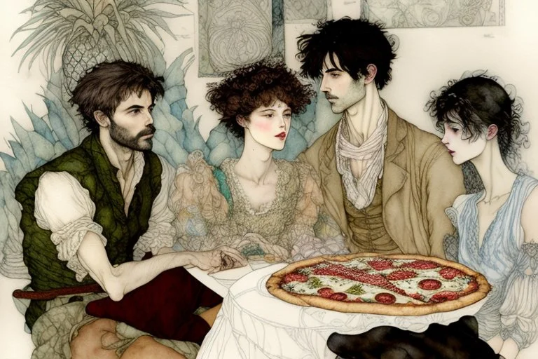 Italian men and women sitting around a pineapple pizza, watching in horror beautiful intricate, soft delicate watercolor, dramatic, perfect composition, by Arthur Rackham Modifiers: highly detailed intricate very attractive beautiful fantastic view watercolor Arthur Rackham Jean-Baptiste Monge Egon Schiele muted tones professional Enki Bilal patchwork watercolor and ink Xuan Loc Xuan