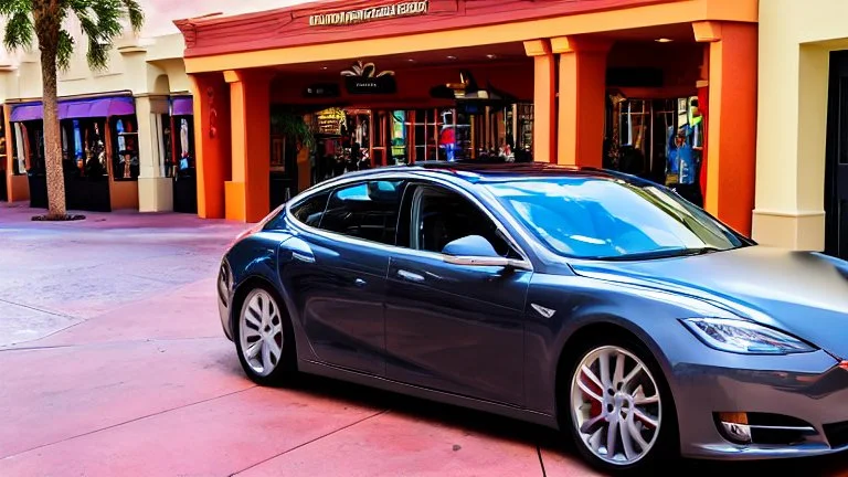A Tesla's 'Model S Plaid' is racing at top speed, across the 'Islands of Adventure, Universal', in Orlando, Florida. CINEMATIC. WIDE ANGLE LENS.