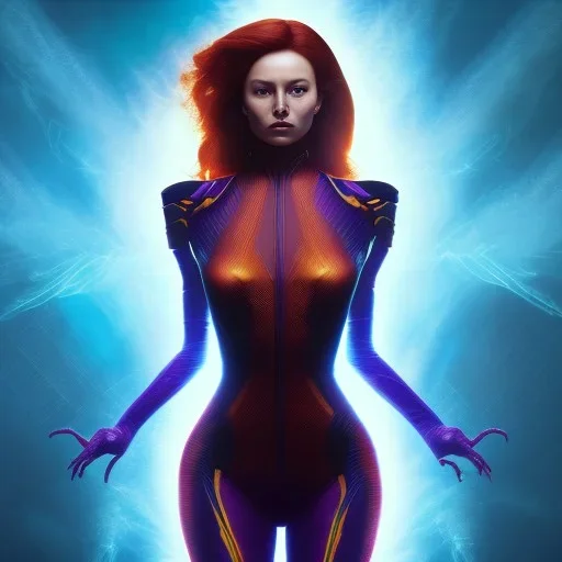 Dark Phoenix, X-Men , Jean Gray. hyperfantastic,hyperscifi,unreal engine 5.best colours,deep purple . fire theme .blue neon smoke.cinamatic,full cinematic lights.beautiful body details,beautiful face details,8k,