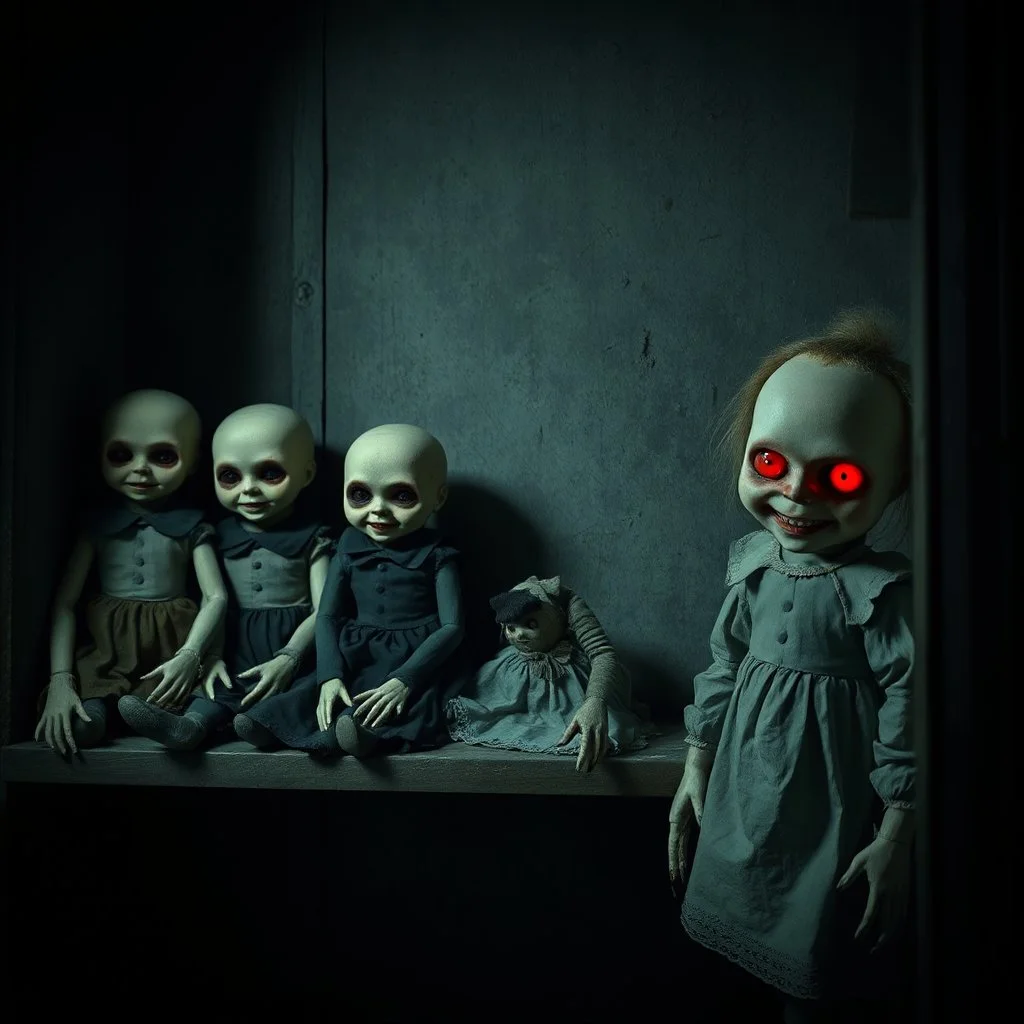 In a dark shadowy derelict room gaunt Victorian-dressed creepy expressionless dolls are lined up of a shelf their presence eerie and foreboding, however in a juxtaposition a single doll is smiling with red eyes, reminiscent of the macabre images of Brom, imbued with the mystical, evil quality, atmosphere is heavy with malevolent intent, photorealistic with meticulous attention to texture and atmosphere.