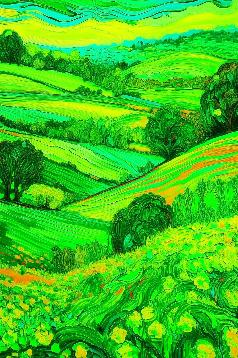 A neon green hilly fields with flowers painted by Vincent van Gogh