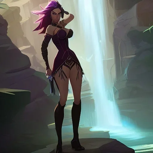 a busty adventurer princess in a revealing dress by a fantasy waterfall