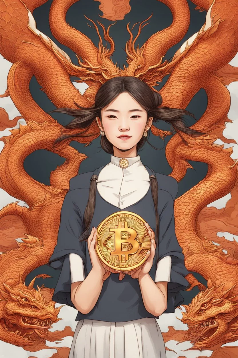 Bitcoin cryptocurrency in the hands of a traditional chinese girl, dragon