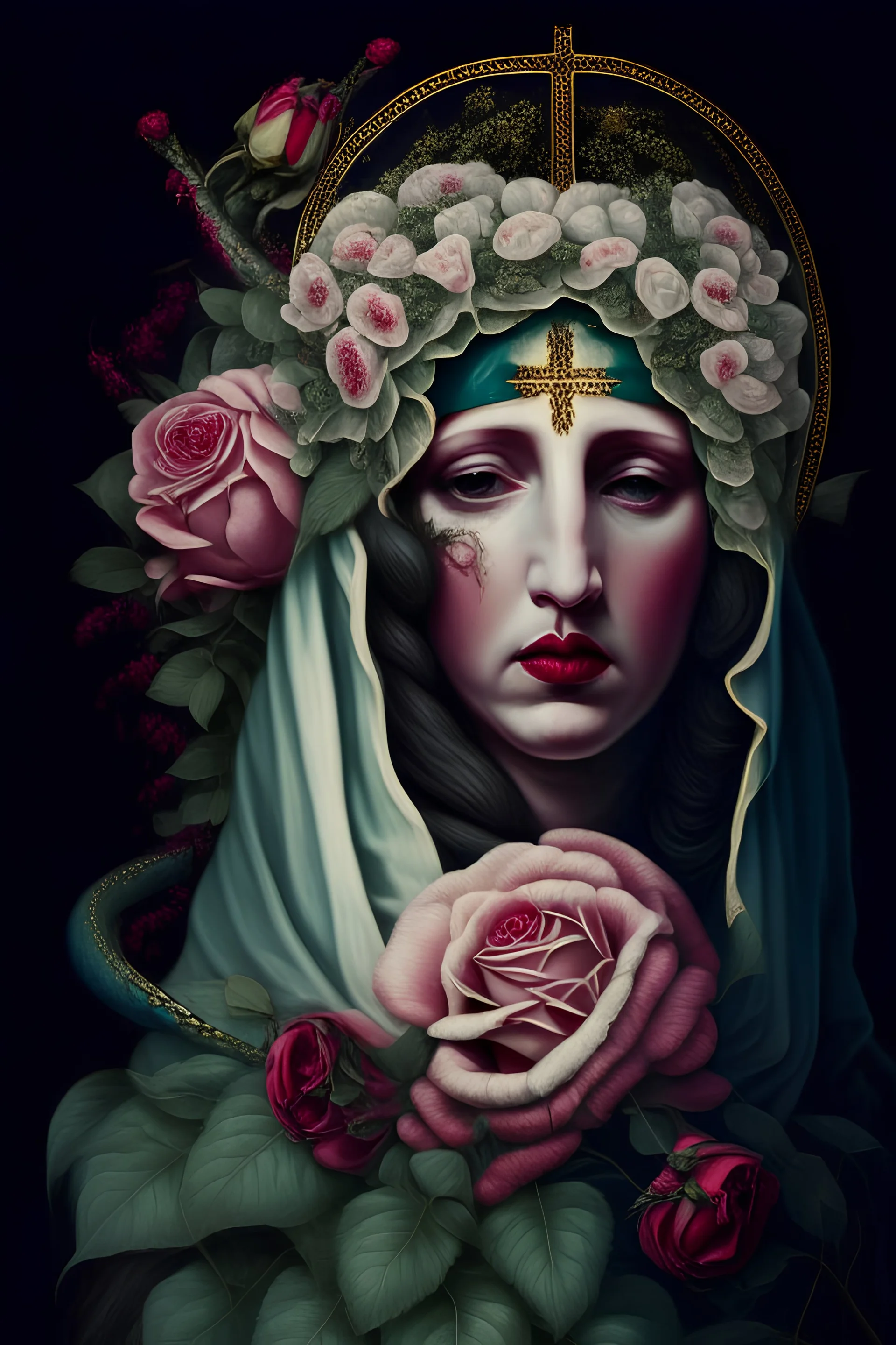 Virgin Mary with a flower over her face. Behind her head is a snake. There are roses on her dress