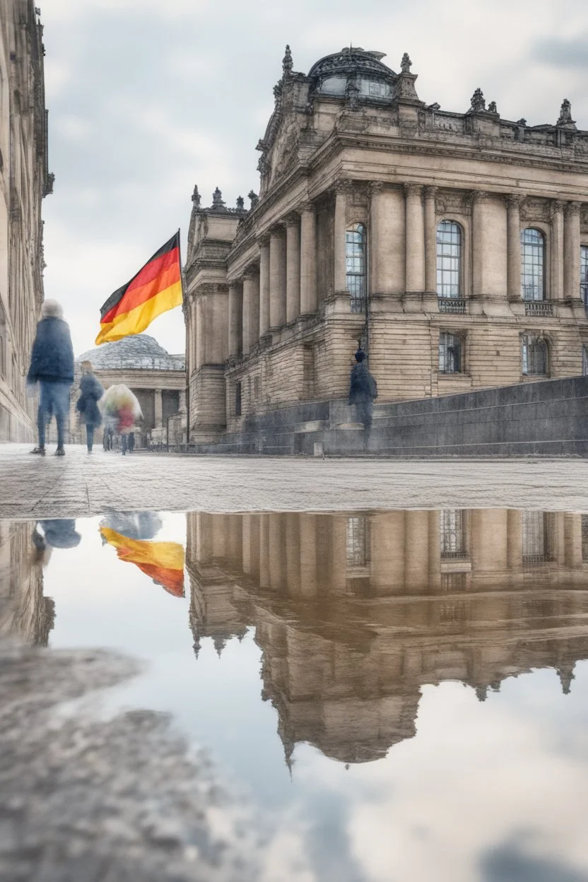 Typical Germany, Reichstag architecture, one small German flag hanging on the facade of the building. People on the street are reflected in a puddle on the asphalt. Watercolor style. 8k quality