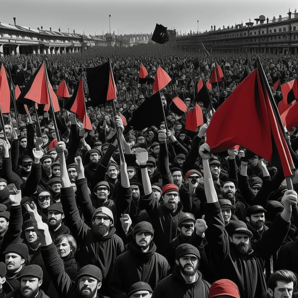 plano frontal de una multitud marchando en un reclamo popular, ondean banderas rojas y banderas negras, hay dolor pero un fuerte sentido de lucha en la multitud, atmosfera epica, victoria del pueblo, reivindicación de derechos y justicia, paleta roja, negra y blanca