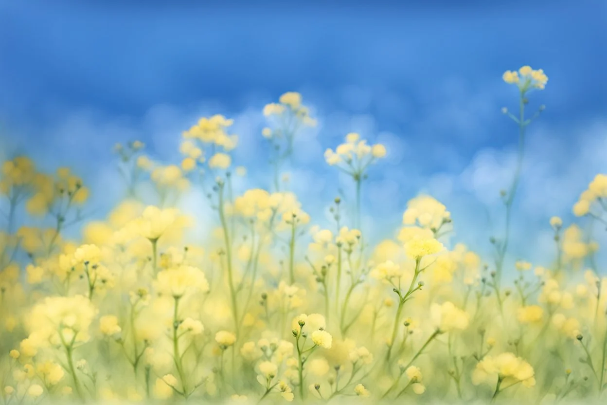 bottom half canola plants detailed, top half sky, watercolor illustration