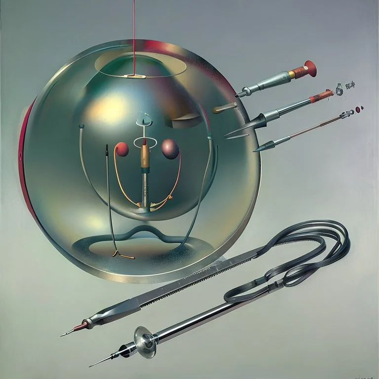 Soap Bubble including unverse-like complex surgical instruments mixed with musical instruments,Painting By Adrian Ghenie, Rene Magritte, Salvador Dali, Lucian Freud