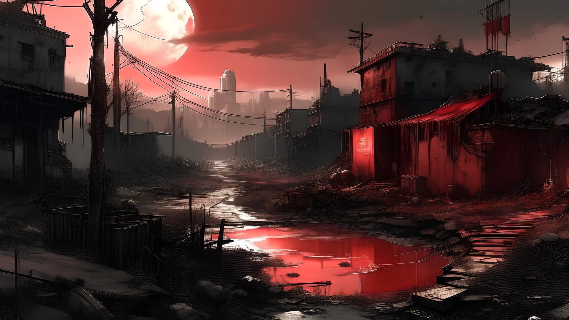 Landscape of a run down town. Desolate. Salvage. Scavenge. Survival. Loot. Blood moon. Red. Zombie