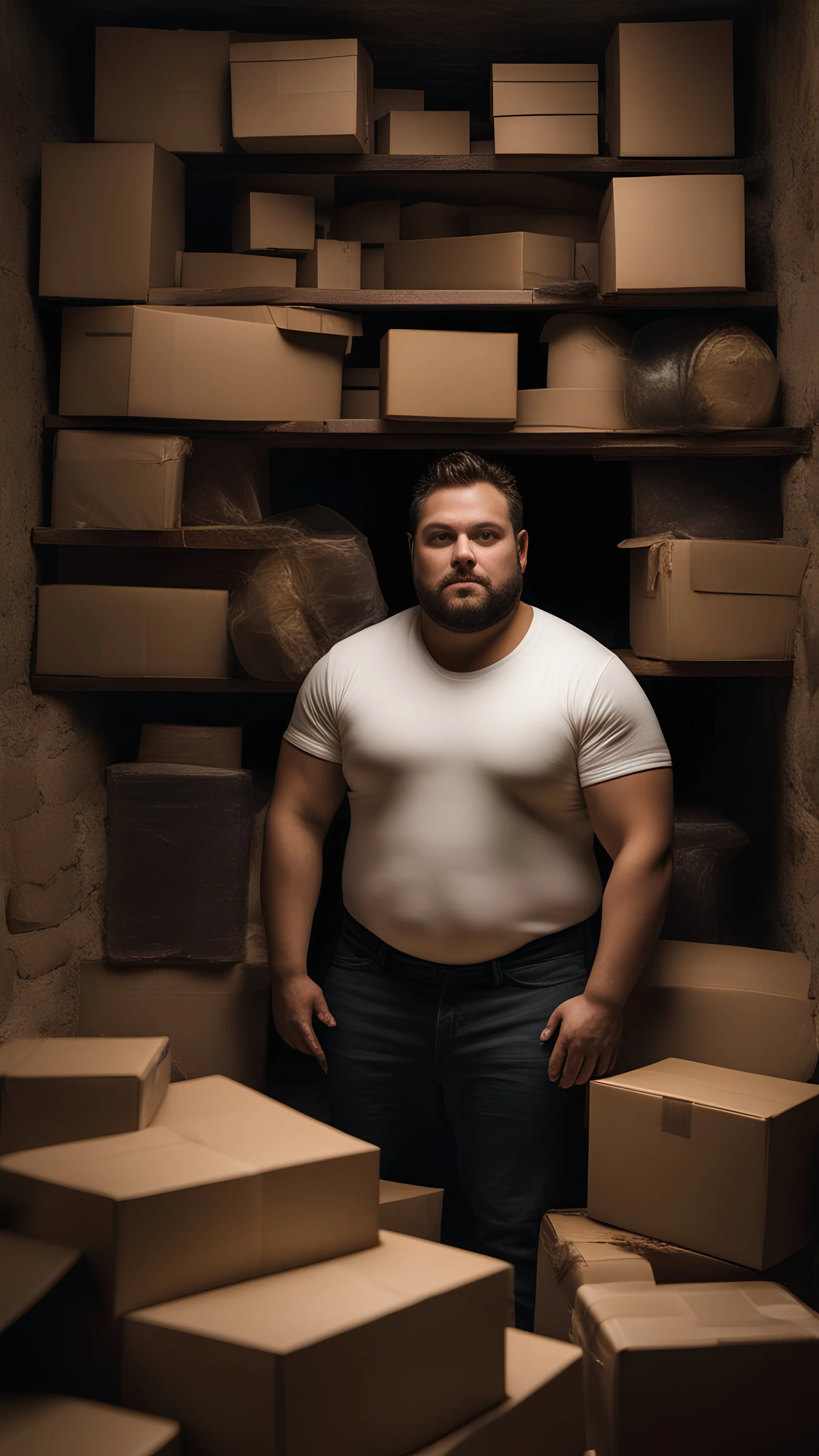 photography of a shy burly chubby muscular 28 year old sicilian man with short beard manly chest and white t-shirt, in a dark cellar full of cardboard boxes and old objects , look at camera, shy eyes, hyper realistic, Cinematic, 35mm lens, f/1.8, side light, dim lights, ambient occlusion , frontal view from the ground