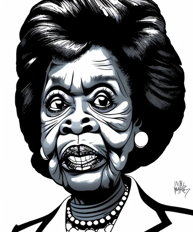 a caricature close-up face portrait of mad maxine waters, extreme cross-eyed, pouting, looking very very sad very very very angry, drawn by mort drucker mad magazine