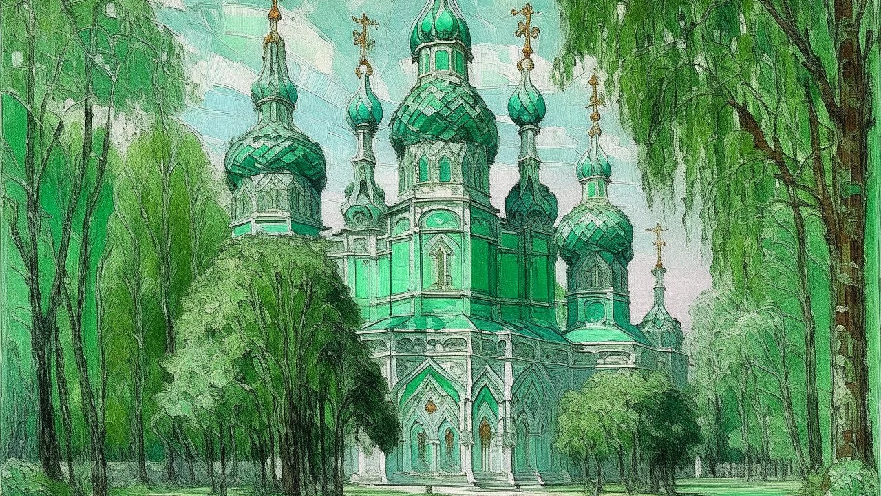 A mint colored Russian cathedral painted by Claude Monet