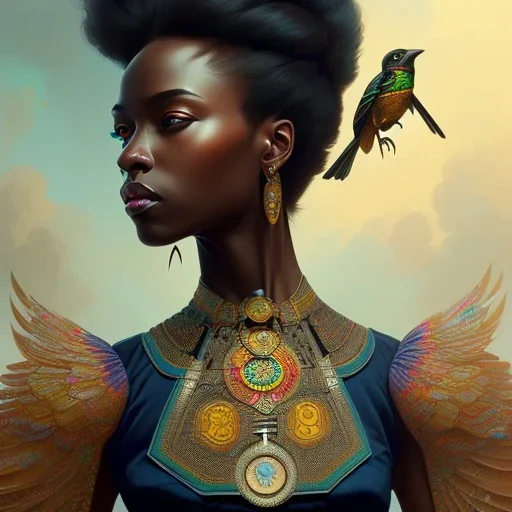 black bird with black woman, colorful, intricate, elegant, highly detailed, digital painting, artstation, concept art, smooth, sharp focus, illustration, art by artgerm and greg rutkowski and alphonse mucha