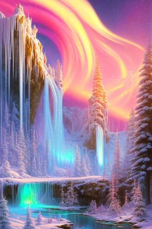  pink and gold crystalline background，waterfall, perspective, northern Lights, full of details, smooth, bright sunshine，soft light atmosphere, light effect，vaporwave colorful, concept art, smooth, extremely sharp detail, finely tuned detail, ultra high definition, 8 k, unreal engine 5, ultra sharp focus