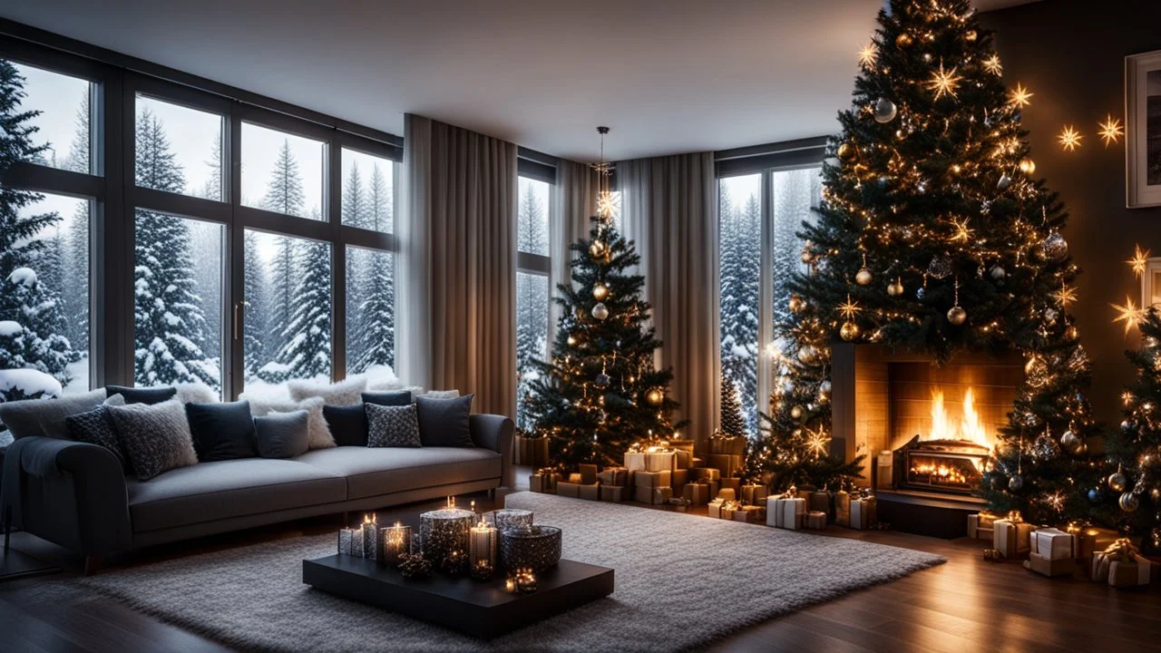 darkness,photoreal, christmas decoration in the big living room , adorned with twinkling lights, in the living room,next to the fireplace,large windows with snowy firs outside,christmas decoration,lights off,cozy,calm,high-quality photograph,photorealistic, shot on Hasselblad h6d-400c, zeiss prime lens, bokeh like f/0.8, tilt-shift lens 8k, high detail, smooth render, unreal engine 5, cinema 4d, HDR, dust effect, vivid colors,night