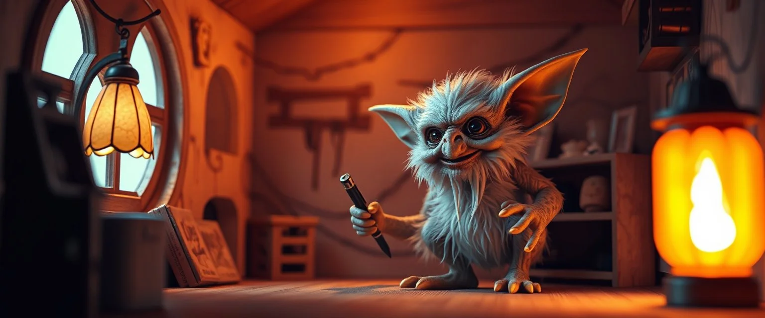 air brush 3d with pen outline,spaghetti western fluffy elder gremlin edgy hero, shallow depth of field, warm lantern, pin hole cam in doll house, bottom floor board edge border