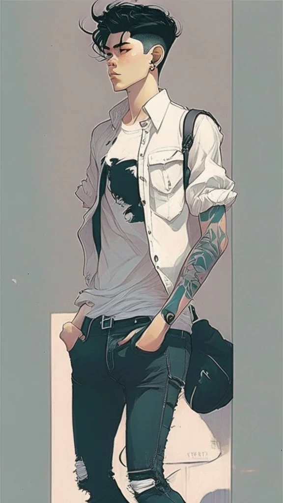 Teen man, black hair, perfect face, style of tomer hanuka, jeans, white, t-shirt, pompadour