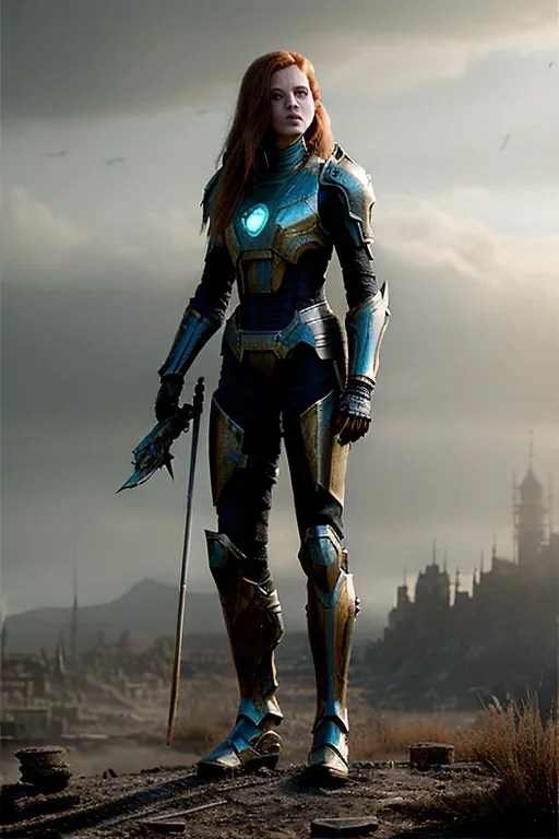 ultrarealistic, concept art, panoramic, ruined city,__intricate fantasy armor__, no star, __angles__, 18 year old woman, strikingly beautiful,ginger hair, _colour_, (pale __skincolor__ skin:1.2), __camera__, long hair, detailed face and eyes, medium breasts, sci-fi theme, freckles, dynamic pose, resolved expression, __accessory__, strappy outfit, (straps:1.1), sword in scabbard on left hip, (buckles, buttons, snaps, rings:1.0), haltertop style breastplate, detailed eyes, plump lips