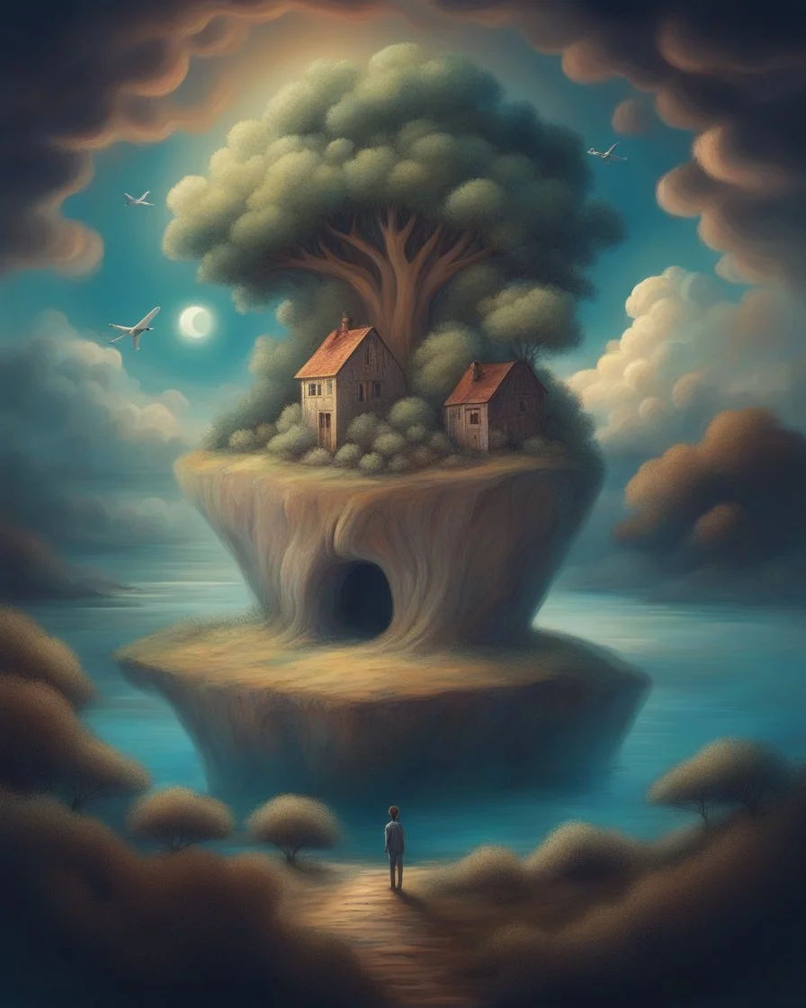 Create an image in which the Surrealism invites the viewer into dreamlike landscapes where reality and fantasy merge. This art style challenge the boundary between the conscious and the unconscious mind!