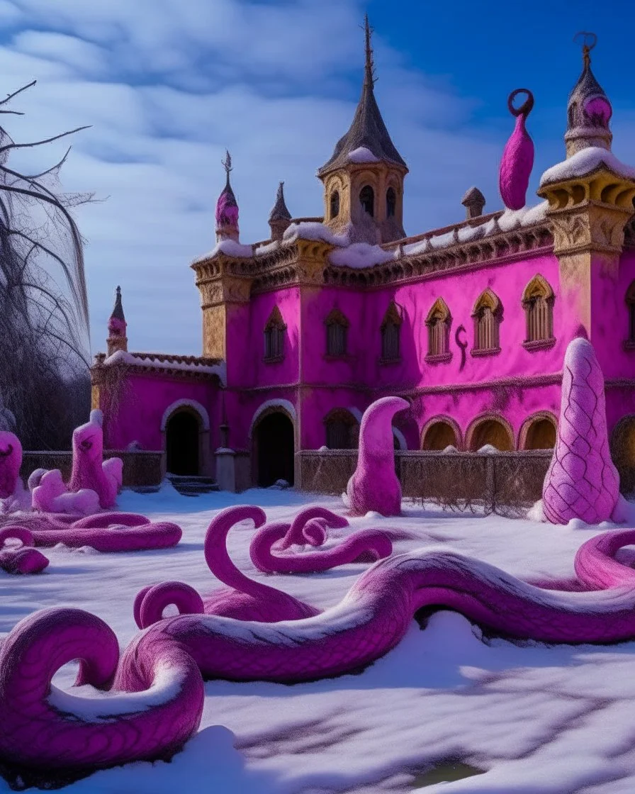 A magenta snowy castle with snake statues painted by Vincent van Gogh