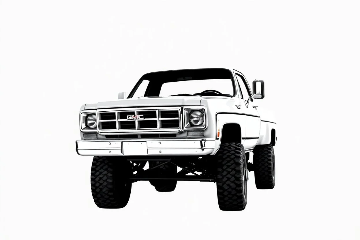 front corner 1973 GMC square body truck(lifted) facing to viewer's left, gray background, high contrast black and white vector