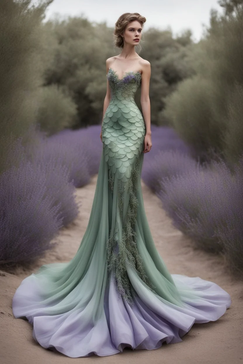 Stunning utopian mermaid gown with lavender and sage green. Hyper realistic standing model