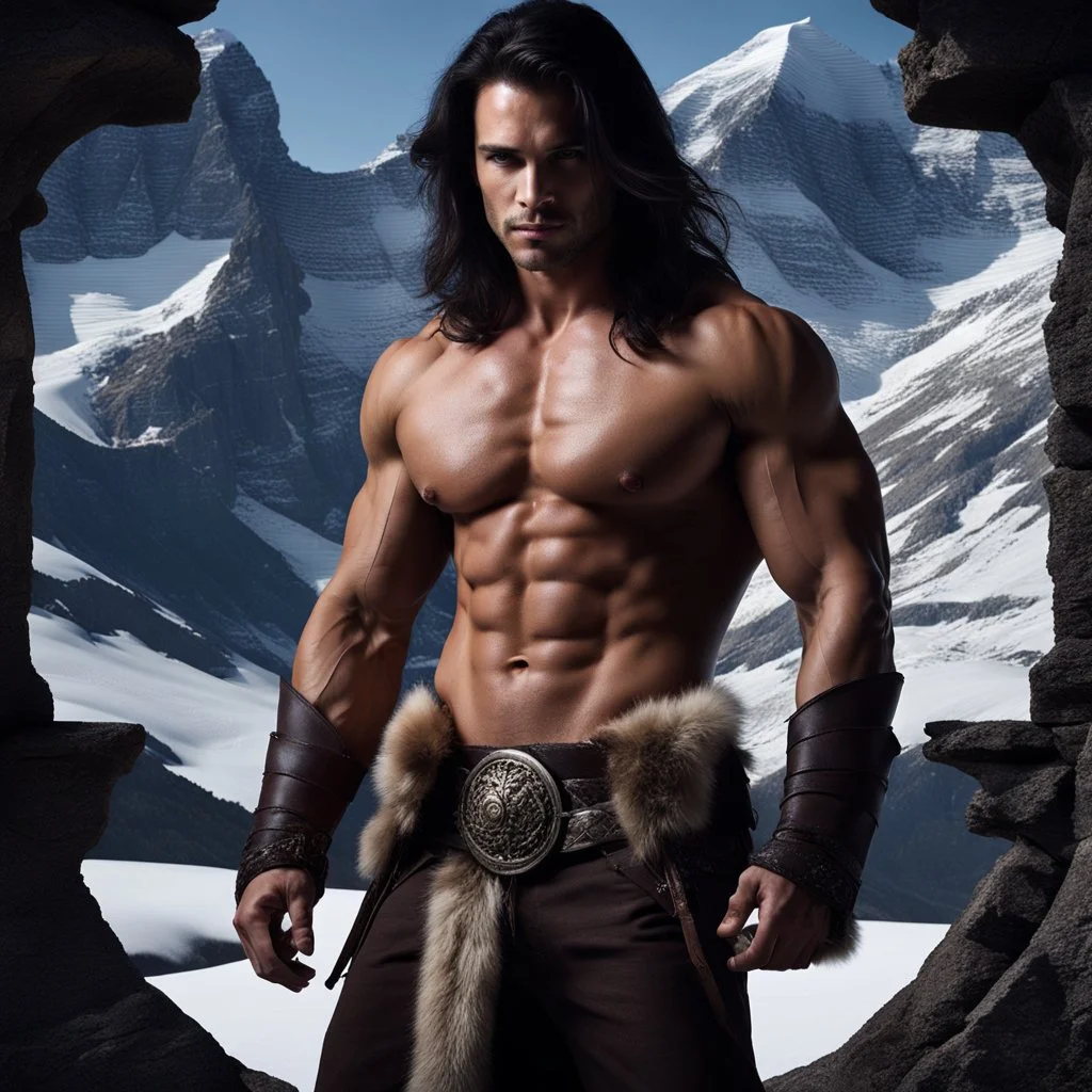 Handsome and muscular 30 year old shirtless mountain man long dark hair, dark fantasy, snow capped mountains