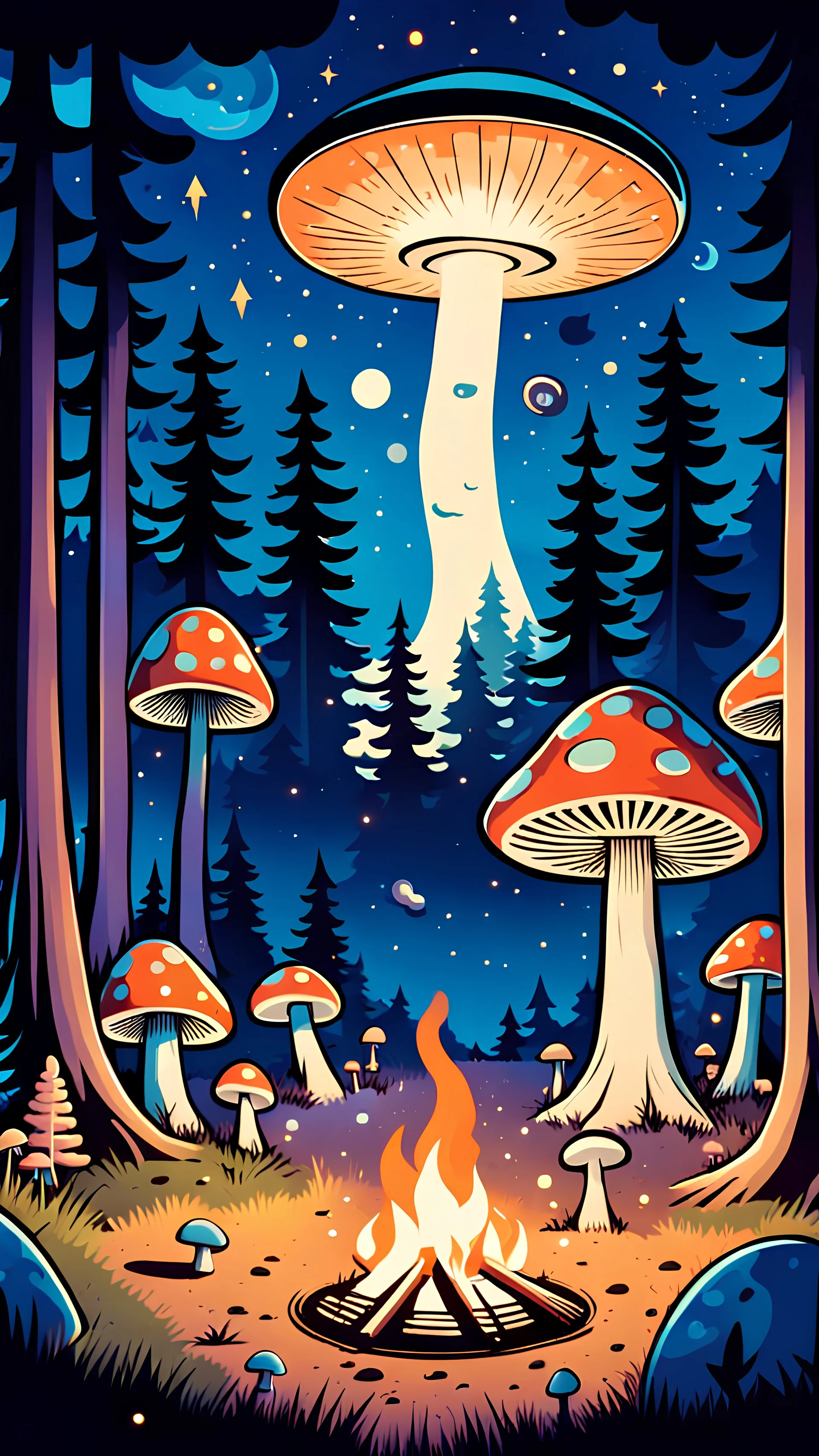 magic forest in the evening, campfire in the middle, happy people, there is music playing from speakers, a flying saucer in the sky, ad some weird stuff, ad some shrooms, comics style, camp, few tents