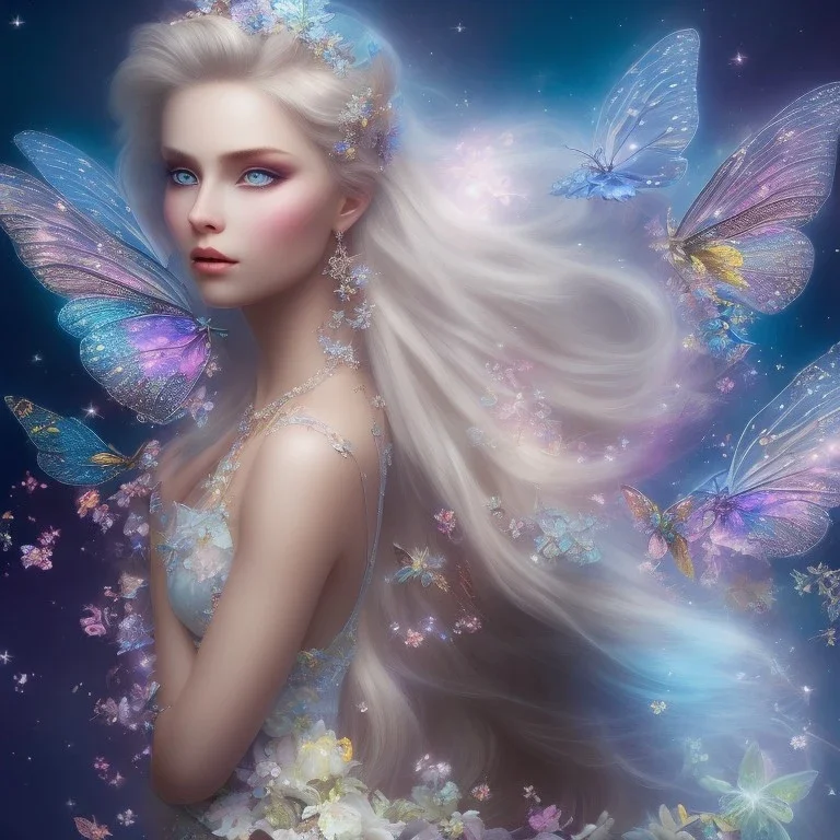 bright fairy, beautiful portrait, blond hair,blue eyes, flowery luminous pastel colors, butterfly