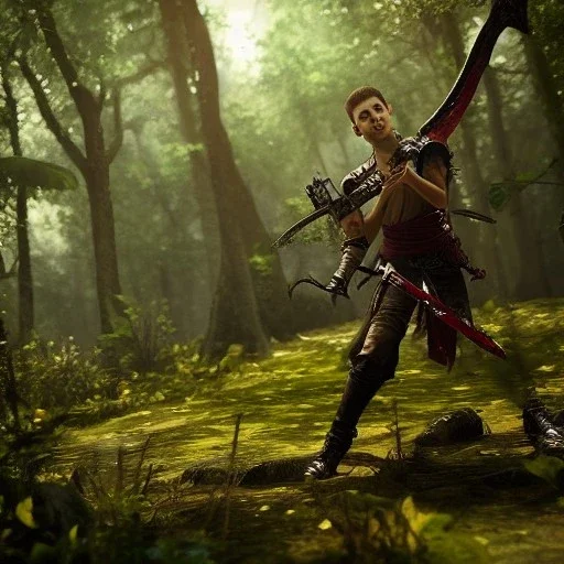 realistic, young spanish model with a pirate sword, fighing a monster in the forest. 4k, real engine, warhammer