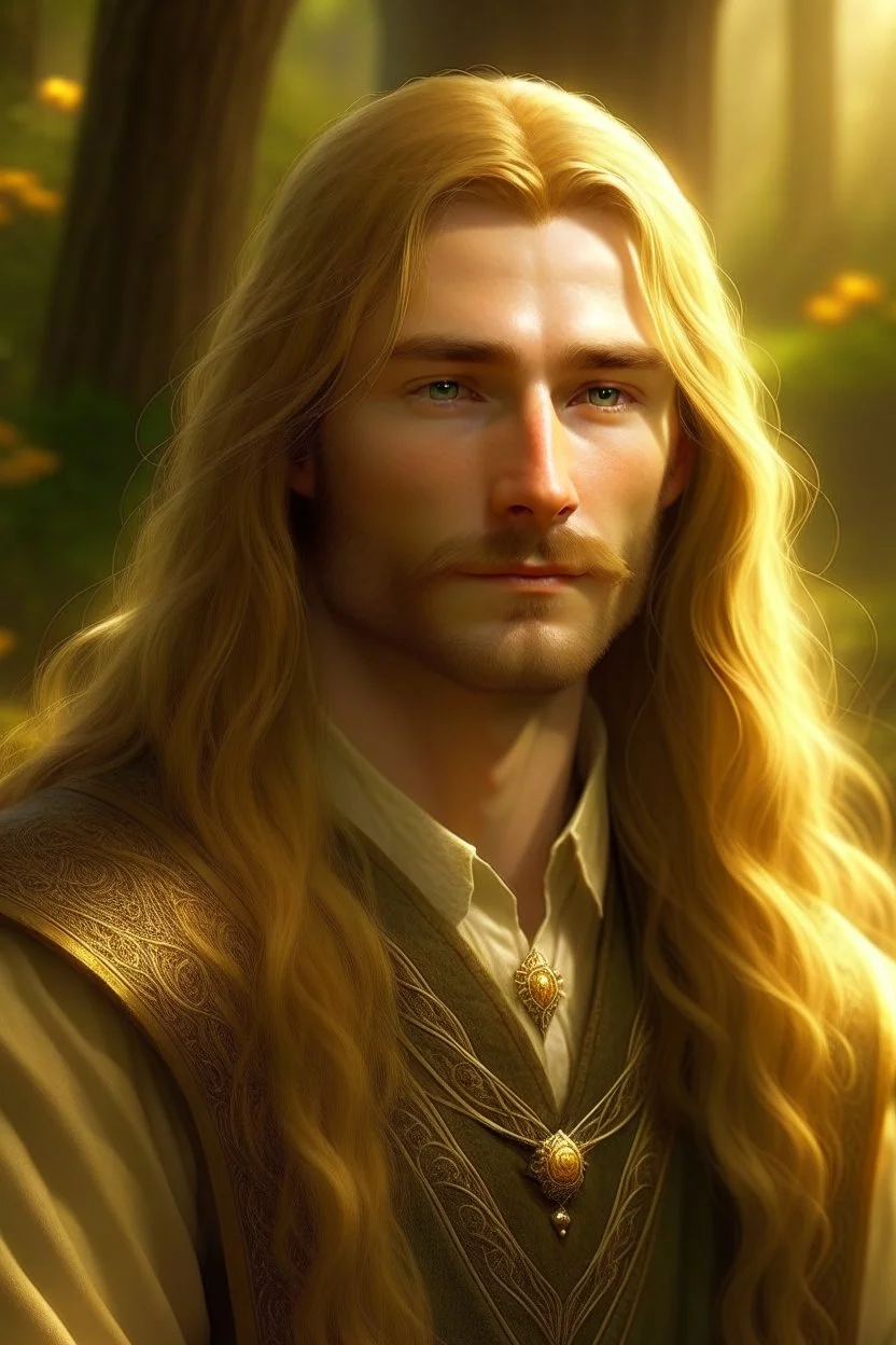 A young serene Lord Of The Rings like man with long golden hair that cascades gracefully, and a short beard. His calm eyes, with blind pupils, reflect a depth of wisdom and inner peace. A gentle smile graces his face, adding warmth to his tranquil demeanor.