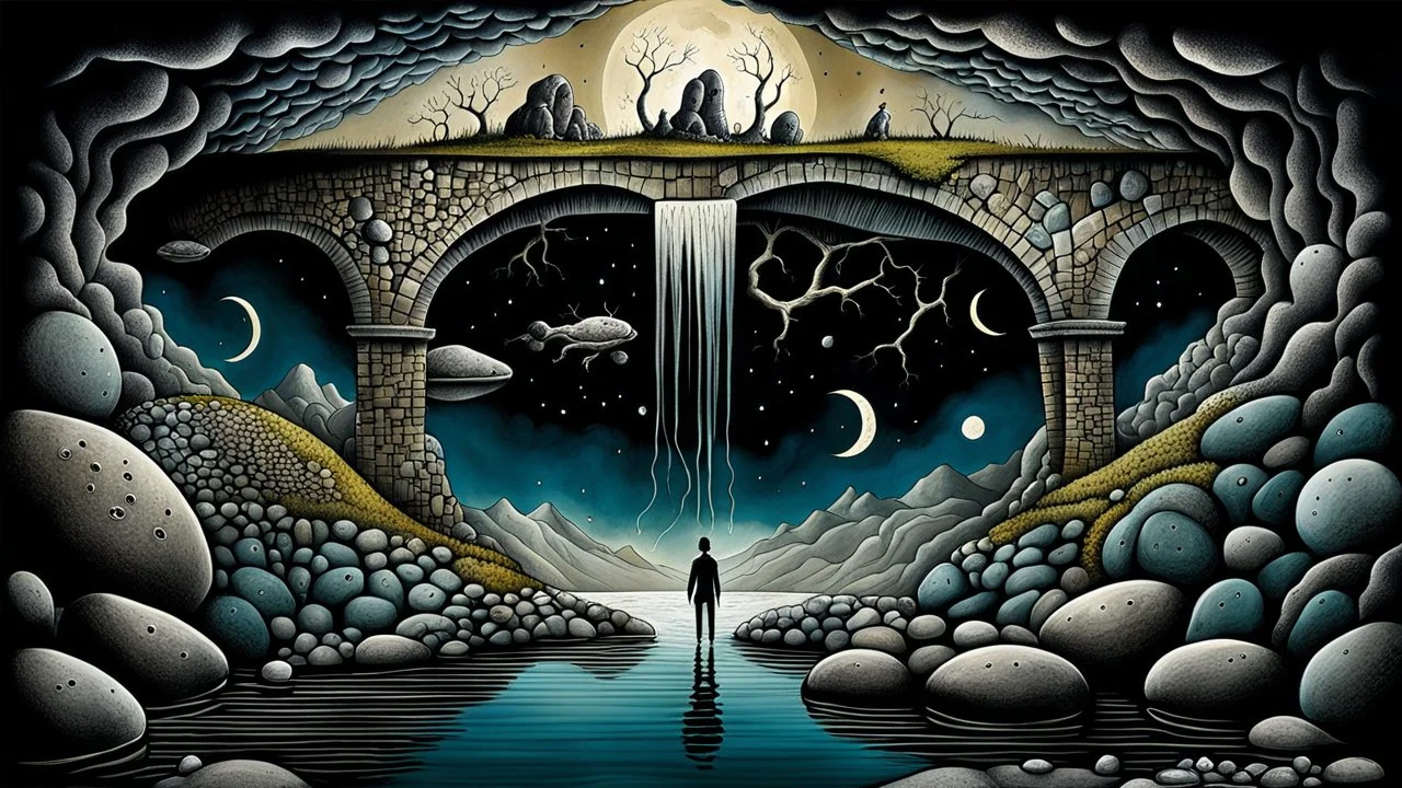 dreamlike inner world with uncontrolled mind and neurodivergens soul, floating rocks over surreal cracked weird landscape . between two dark door one stone bridge over black river, . deep dark colors. Whimsical strange style of Chagall, of Quentin Blake, andYoshitaka Amano of Anton Semenov. some black human creature sitting , flotaing, walking in picture, weird absurd beauty nightmare, black shadow, in background neuronic network, surreal vibe, cinematic