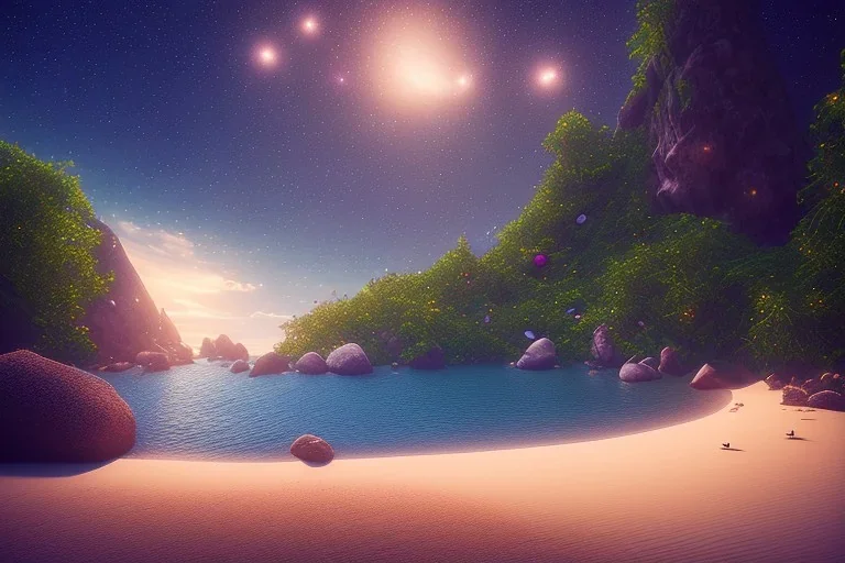 Polinesian beach, shore ,shoreline, beautiful, path, stars, night time ,trail, lights glowing ,colorful ,nightsky, water, peace, magical,glowing gold sand, beautiful crystal shiny, irridescent, , ocean, hyperrealistic, cinematic lighting, particles, unreal engine, full of details, bright sunshine, light effect, photos realistique, vaporwave colorful, extremely sharp detail, finely,