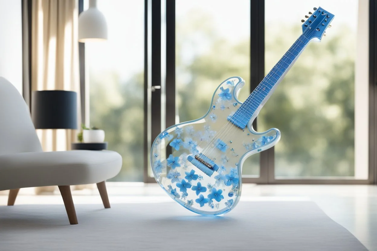 A lovely clear transparent resin guitar with forget-me-not design in a modern room in sunshine