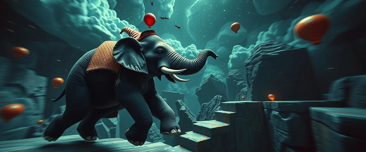 clowns lying when he repeats everything you say, bear ant eater elephant floating in 4 dimensional platform game, goa trance movie poster, stylized art, pin hole photo, motion blur, in the style of Escher