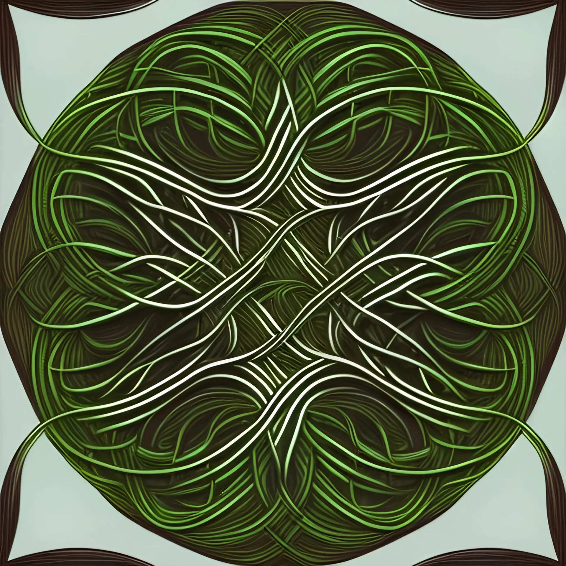 Drawing of two vines forming a circle. One vine is green and one is brown. There are no leaves on the vines.