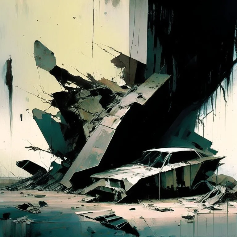 A dark abstract minimalist painting of Lebbeus Woods brutalist concrete twisted bodies. Concrete car Breaking apart. In a desolate landscape at. In the style of by Ashley Wood and Justin Mortimer. Large oil brushstrokes