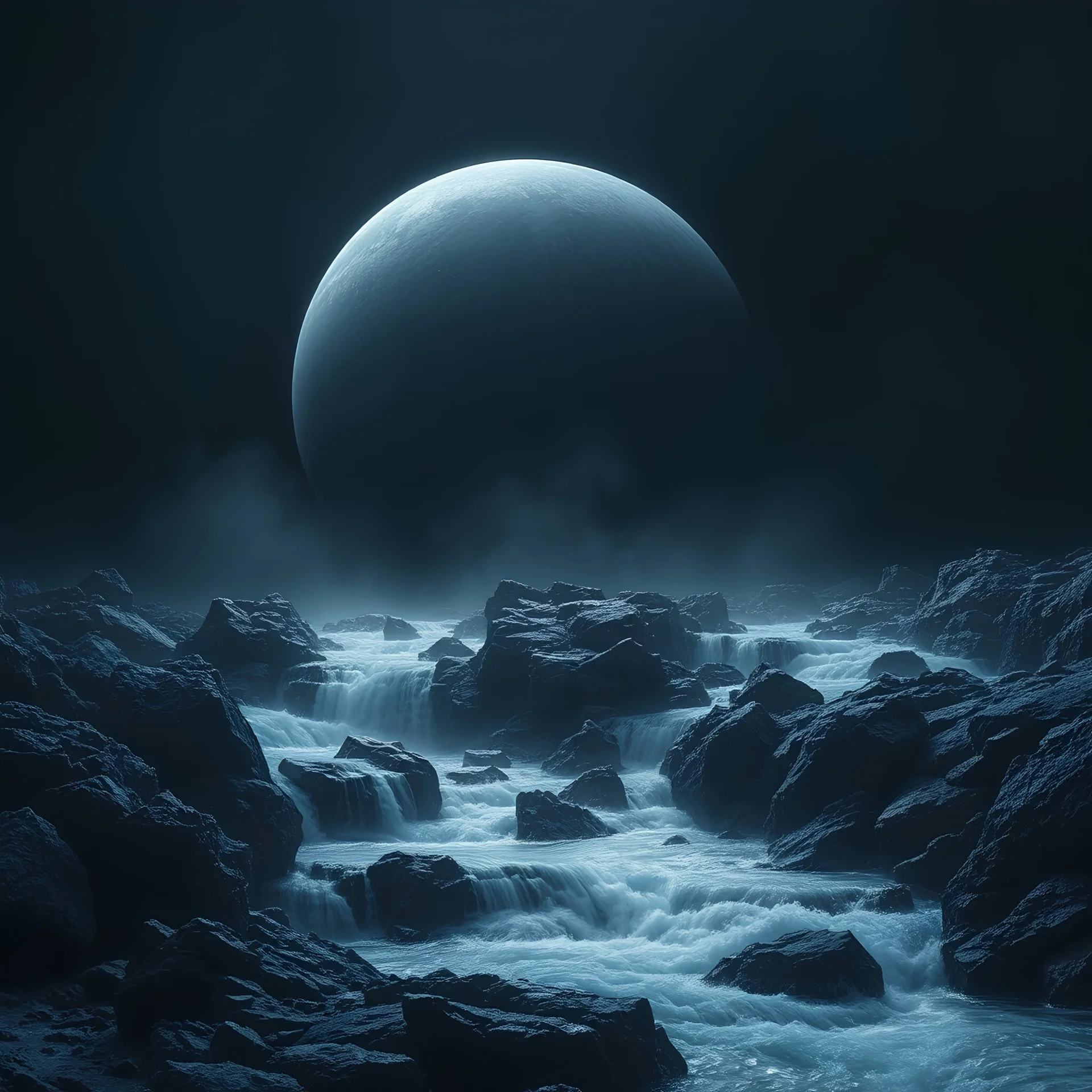 a planet in darkness with lots of water flowing and gushing out of rocks as a torrent