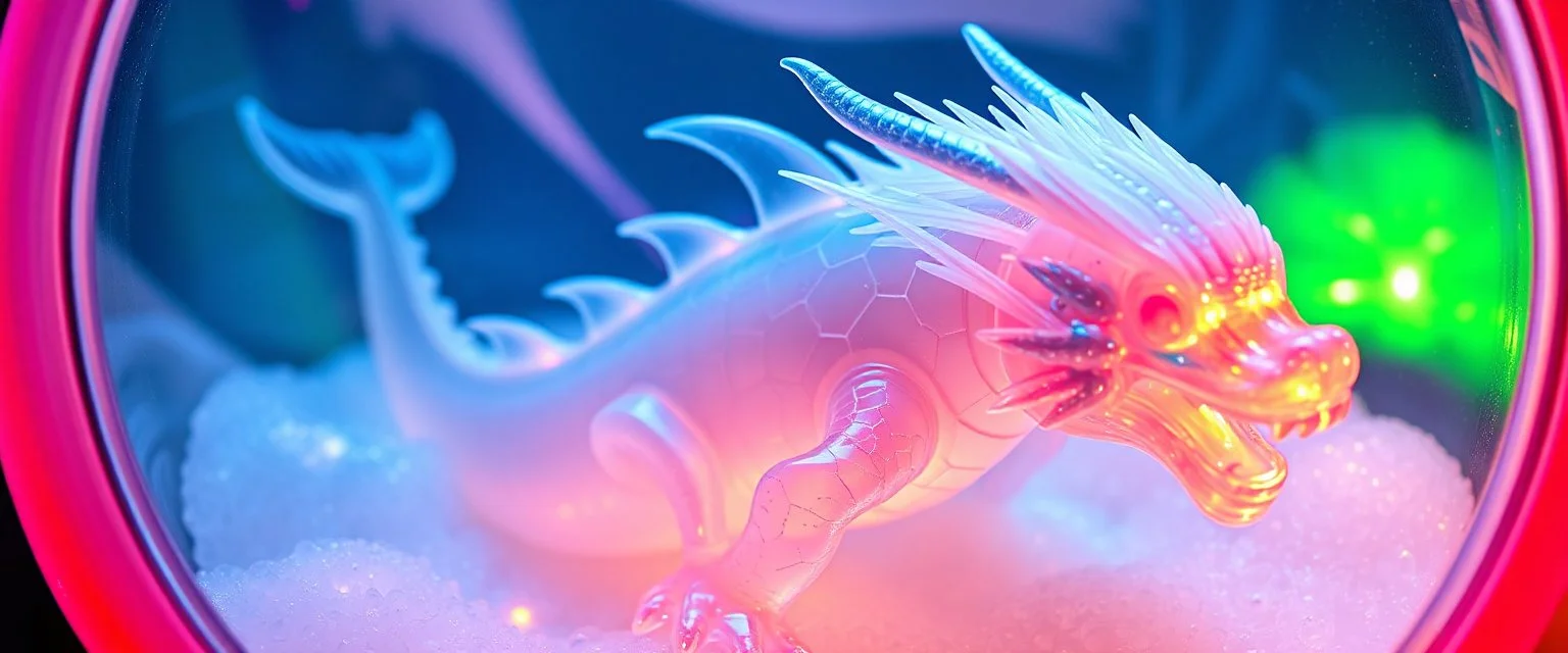 The image depicts a fantastical dolphin snow soup, specifically a transparent dragon with neon flash aura, with a unique and whimsical appearance. The dragon is positioned in a circular frame, which suggests it might be inside a container or a vessel. The dragon's body is elongated and has a segmented appearance, with a detailed texture that gives it a realistic look. Its head is covered with white, spiky hair, adding to its fantastical charm. From the weird dragon lab.