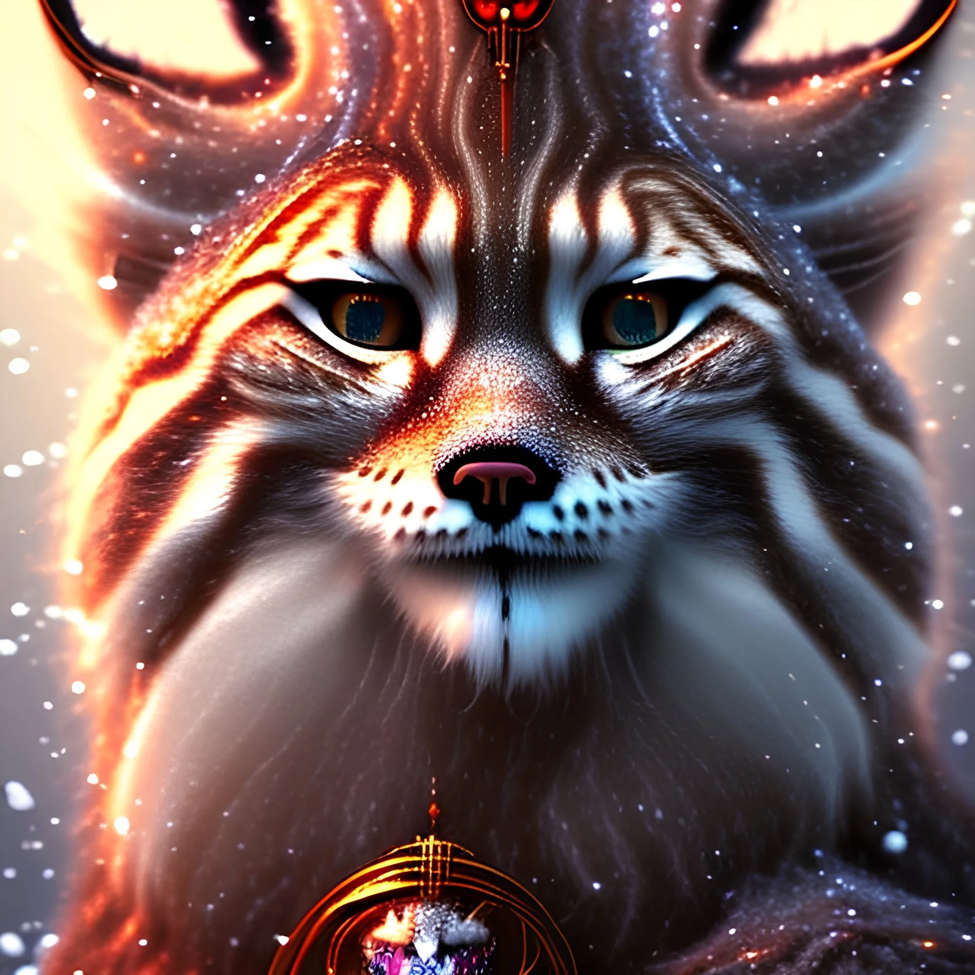 close up on fluffy lynx in a tree in magical forest kissing the red owl in the background, fantasy book cover art