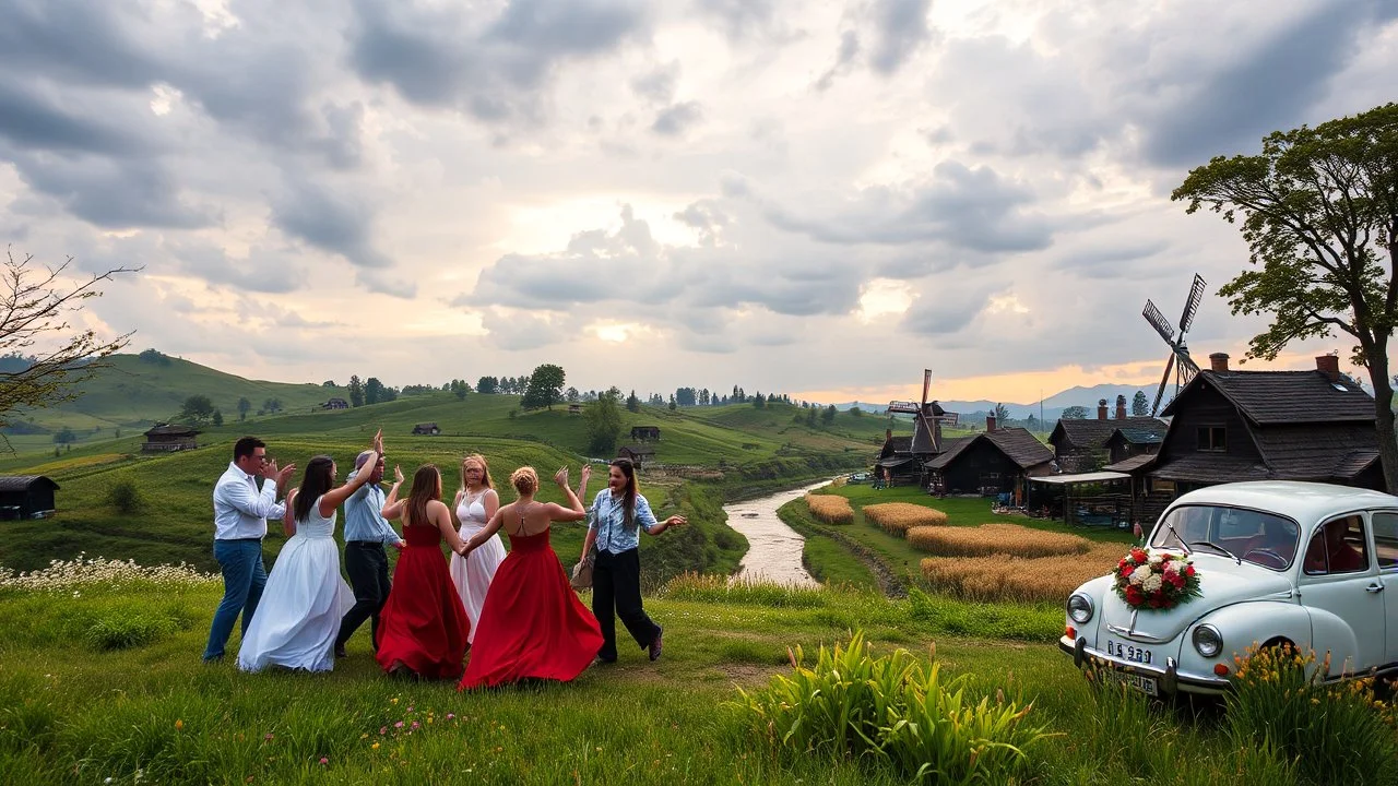 group of people are dancing in a national celebration in a village over high grassy hills,a small fall and river and wild flowers at river sides, trees houses ,next to Ripe wheat ready for harvest farm,windmill ,a few village local shops .people are dancing in a wedding celebration,a pretty car with flowers for eedding couple, cloudy sun set sky,a few village local shops